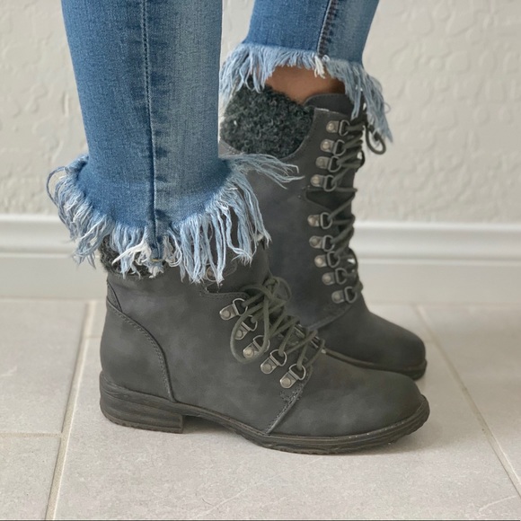 Cuffed Sweater Knit Lace Up Combat Moto Boots - Picture 2 of 8